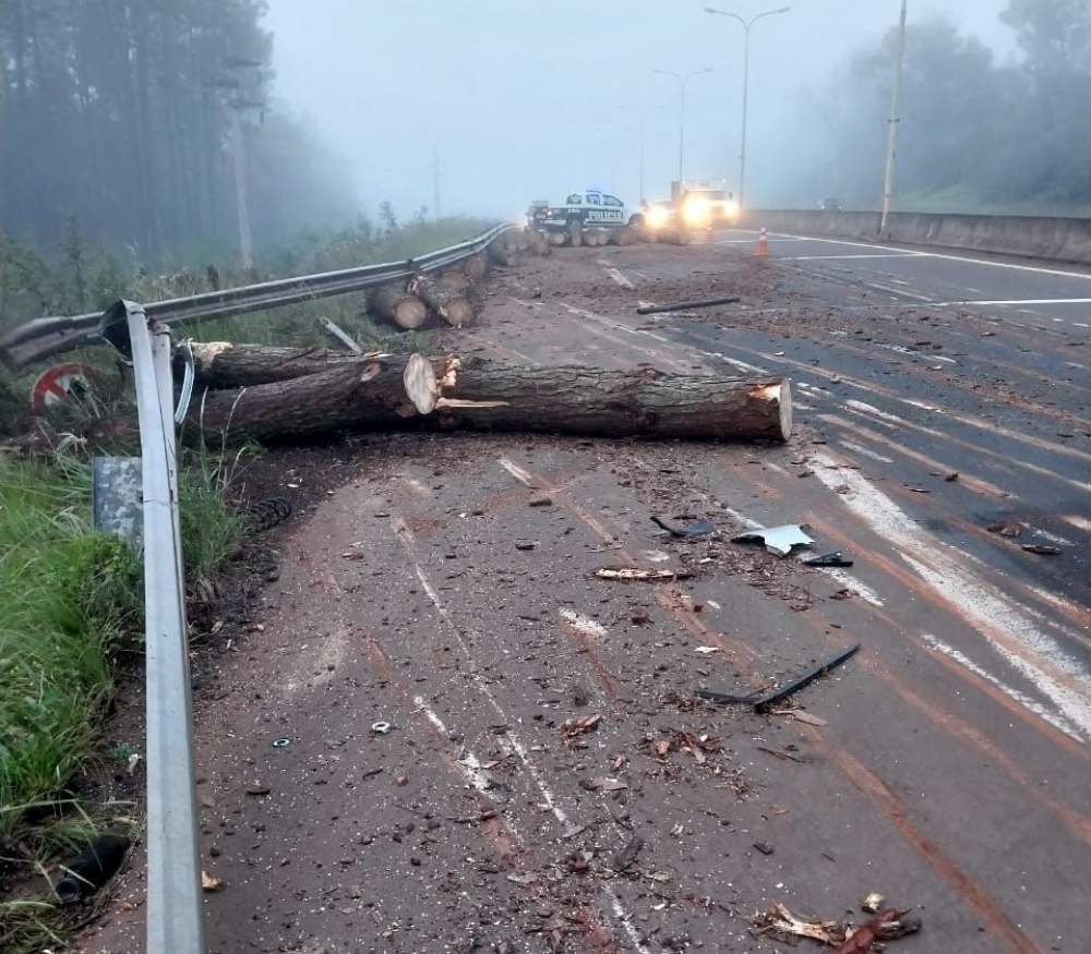 Misiones casi una tragedia: Un cami&oacute;n de pino perdi&oacute; la carga en plena ruta