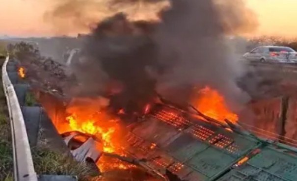 Tragedia en Parada Pucheta: Un cami&oacute;n que transportaba veh&iacute;culos despist&oacute; y se incendio, el chofer muri&oacute; quemado