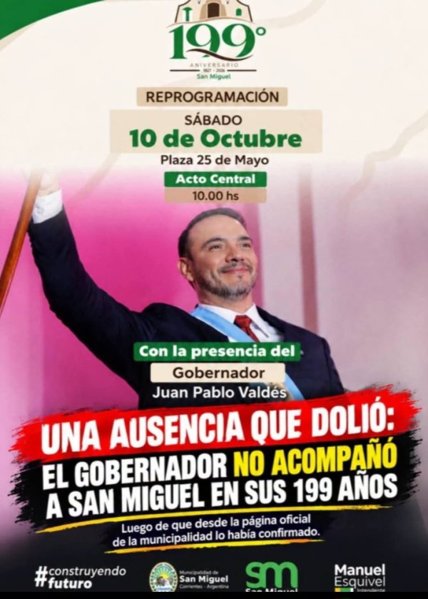 Francia si, San Miguel NO: El gobernador estuvo ausente en el aniversario del pueblo 